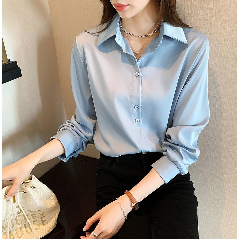 Frauen Shirts Frühling Herbst Casual Chiffon Hemd Büro Dame Mode Weibliche Lange Hülse Lose Feste Bluse Tops S-4XL