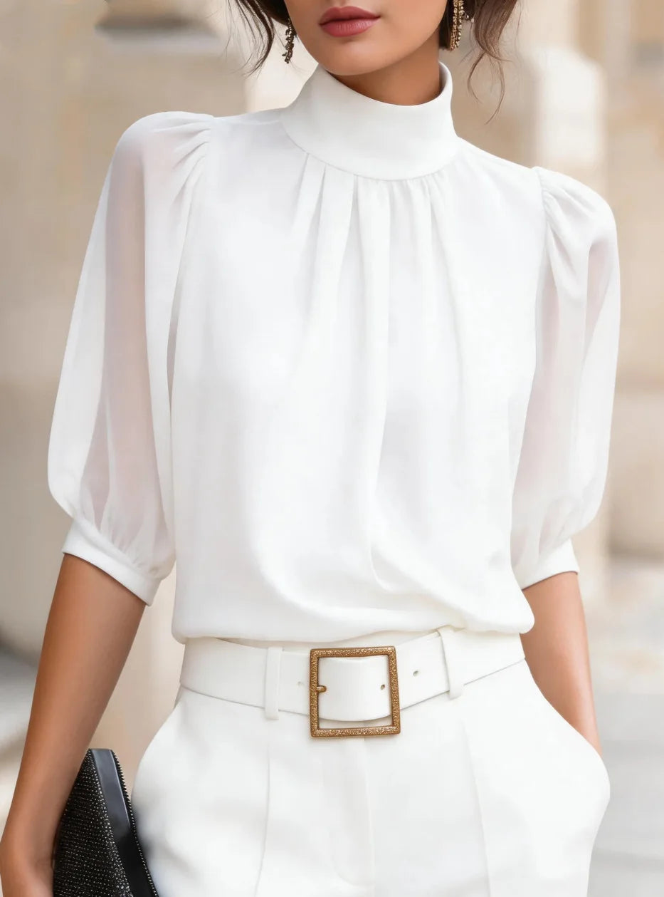 Hochgeschlossene Chiffon-Bluse mit geraffter Vorderseite und Puffärmeln, elegantes Büro- und Pendler-Outfit, locker sitzendes Damen-Oberteil