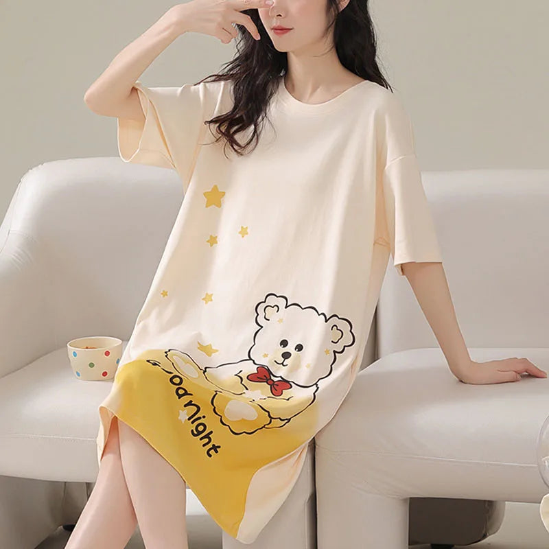 Frauen Große Größe Pyjamas Kurzarm Nachthemd Cartoon Bär 5xl Lange Student Robe Rabbitlong Rock Loungewear Mädchen Kleid