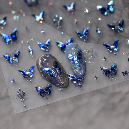 1 stücke 5D Luxus Glitter Blau Schmetterling Nail art Aufkleber Retro Luxus Selbstklebende Transfer Nagel Dekorationen Slider Aufkleber DIY
