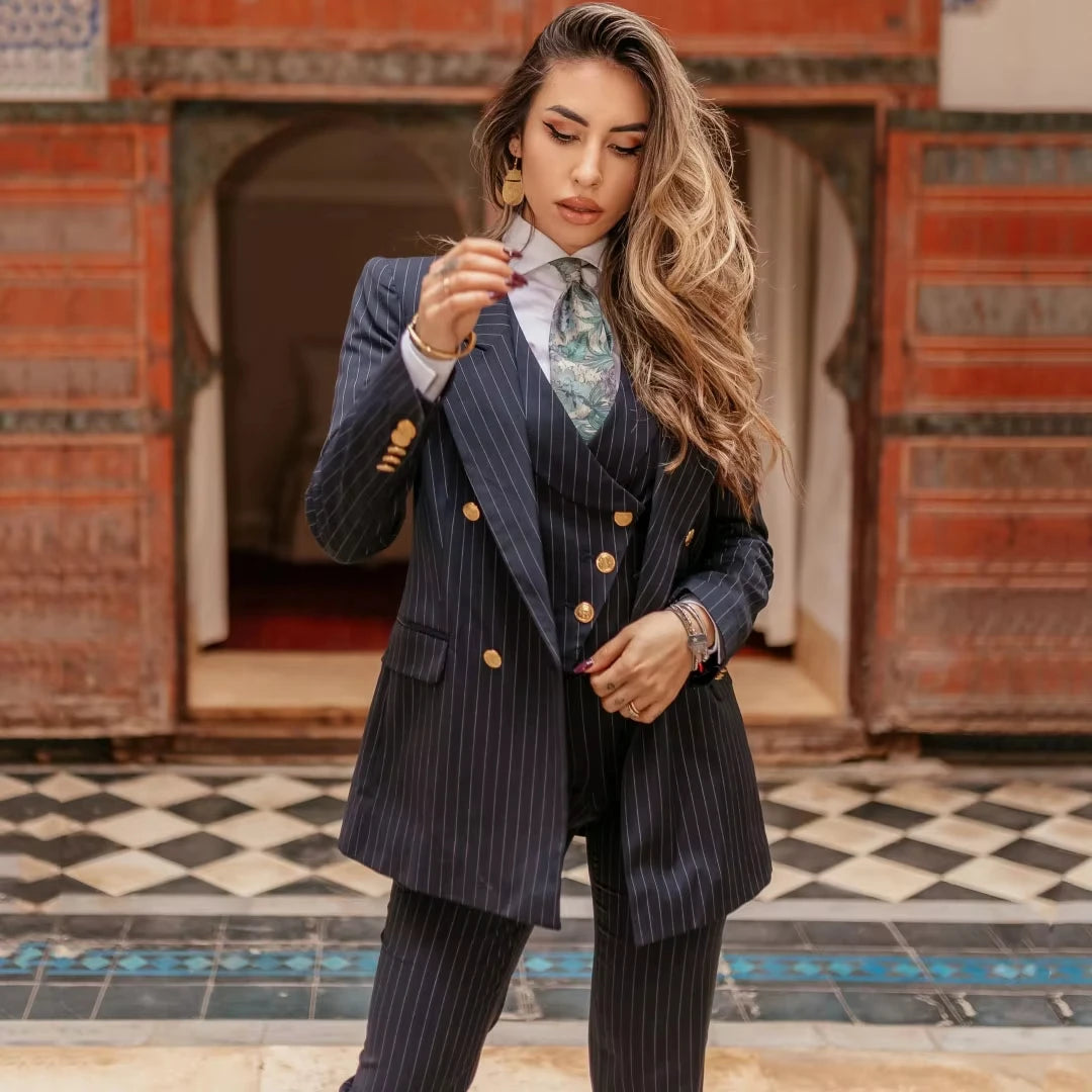Damenanzug, 3-teilig, marineblau, gestreift, Doppelknopf, für Hochzeit, Party, Business, Arbeit, täglicher Weg zur Arbeit, Einkaufen, Blazer, Weste, Hose