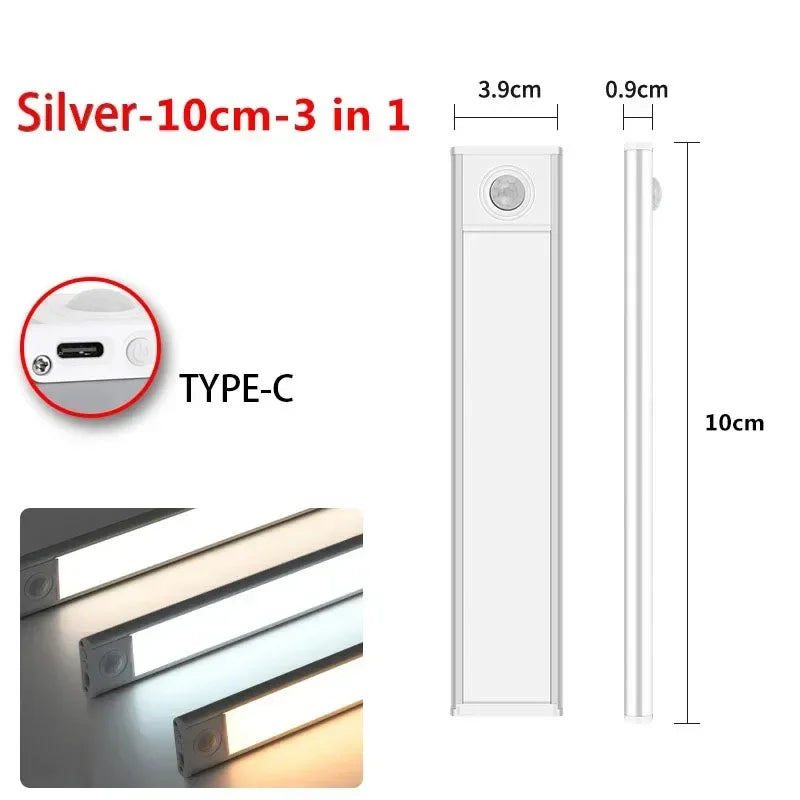 10–60 cm Bewegungsmelder unter dem Schrank, kabelloses, wiederaufladbares USB-Nachtlicht, 3 Farben, Schranklampe für den Innenbereich, Schlafzimmerbeleuchtung