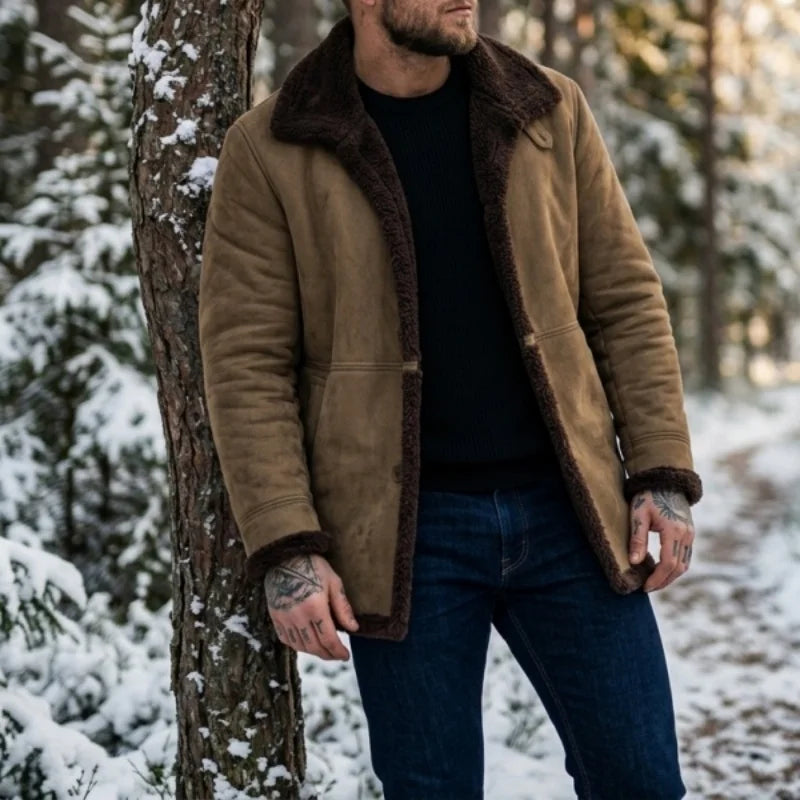 Herren-Winterjacke aus Kunstwolle – Outdoor-Arbeitskleidung und Wanderjacke mit Fleecefutter – Warme Jacke aus Kunstwildleder – Winteroberbekleidung für Herren