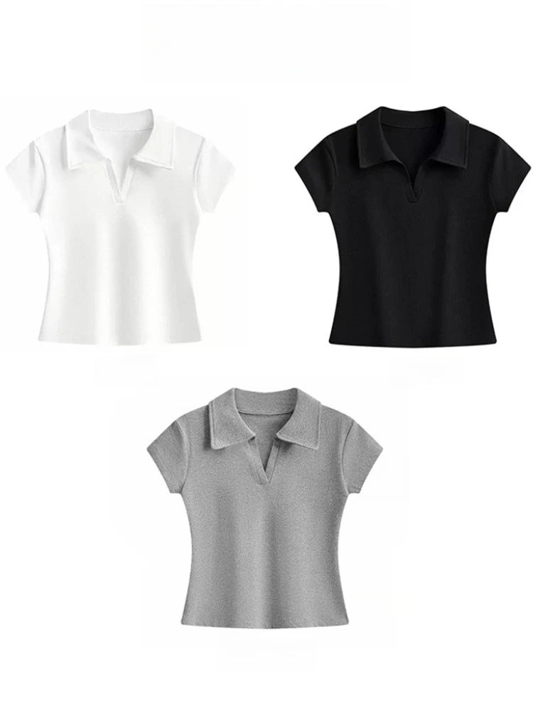 Minimalistisches Vielseitiges Casual-Oberteil 2026 Sommer Neu Einfarbig Gerippter Polokragen Damen T-Shirt Koreanischer Stil Schlankes Kurzarm-Shirt