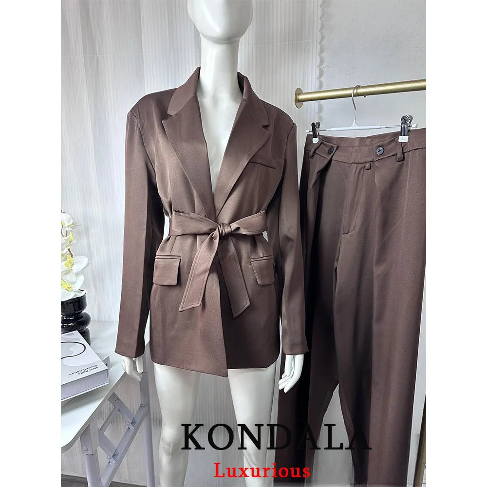 KONDALA Büro Dame Casual Chic Solide Frauen Anzug Single Button Schärpen Lose Blazer Zipper Hosen Mode 2025, Herbst Winter Sets