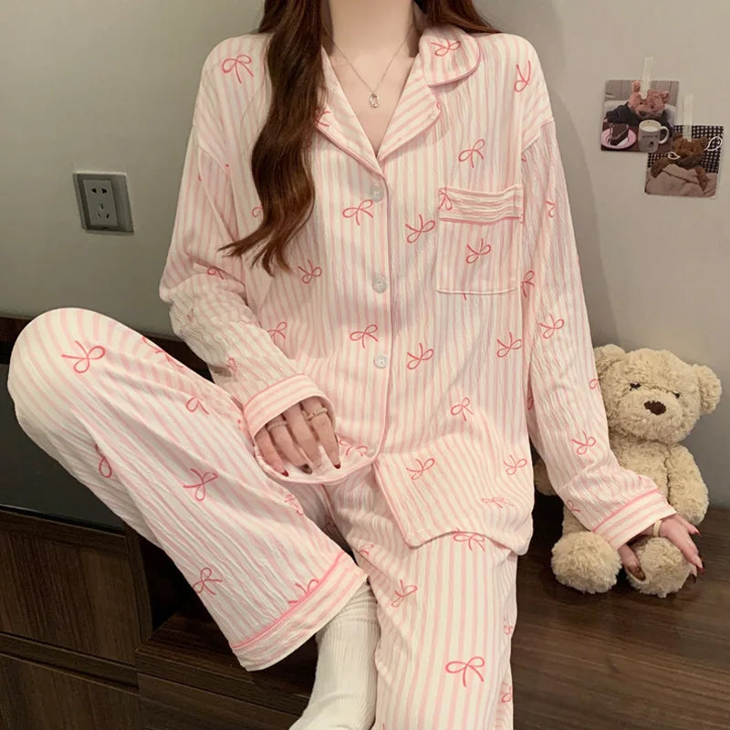 Neue frauen Frühling und Herbst Pyjamas Homewear Set Faltiges Tuch Süße Mädchen Studenten Langarm Casual Pyjamas Homewear set