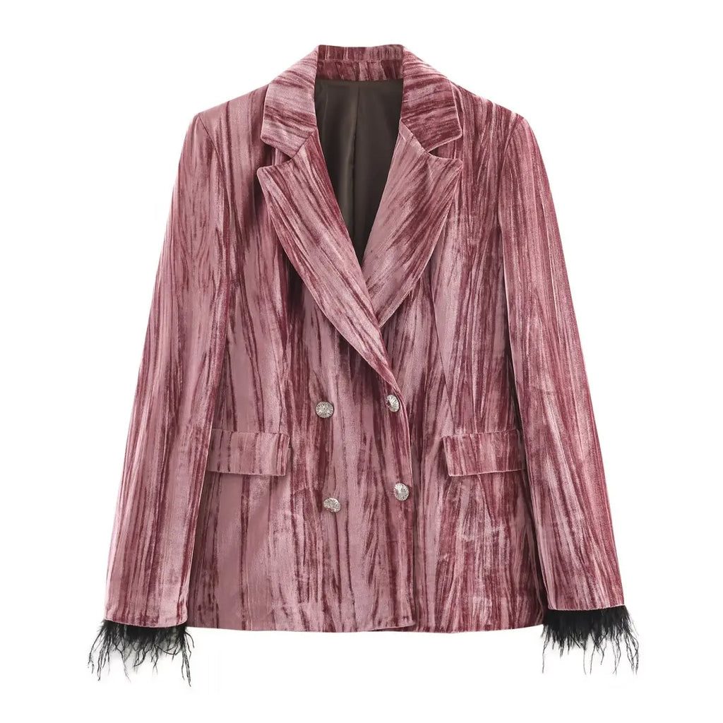 2026 neue Frauen Rosa Blazer Hosen Set Langarm Feder Design Anzug + Pendeln Frau Gerade Hosen Straße Samt material Trendy