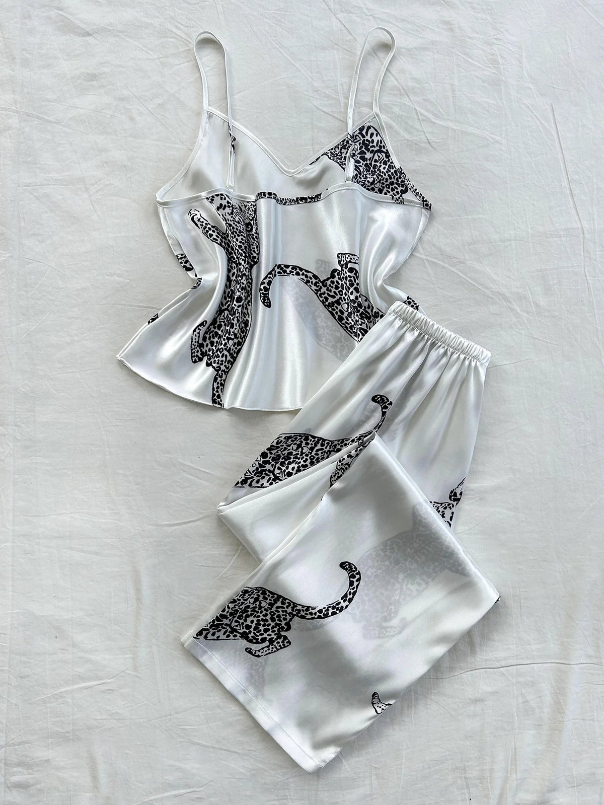Bequemes, modisches 2-teiliges Pyjama-Set mit Hosenträgern und langen Hosen mit V-Ausschnitt und Leopardenmuster