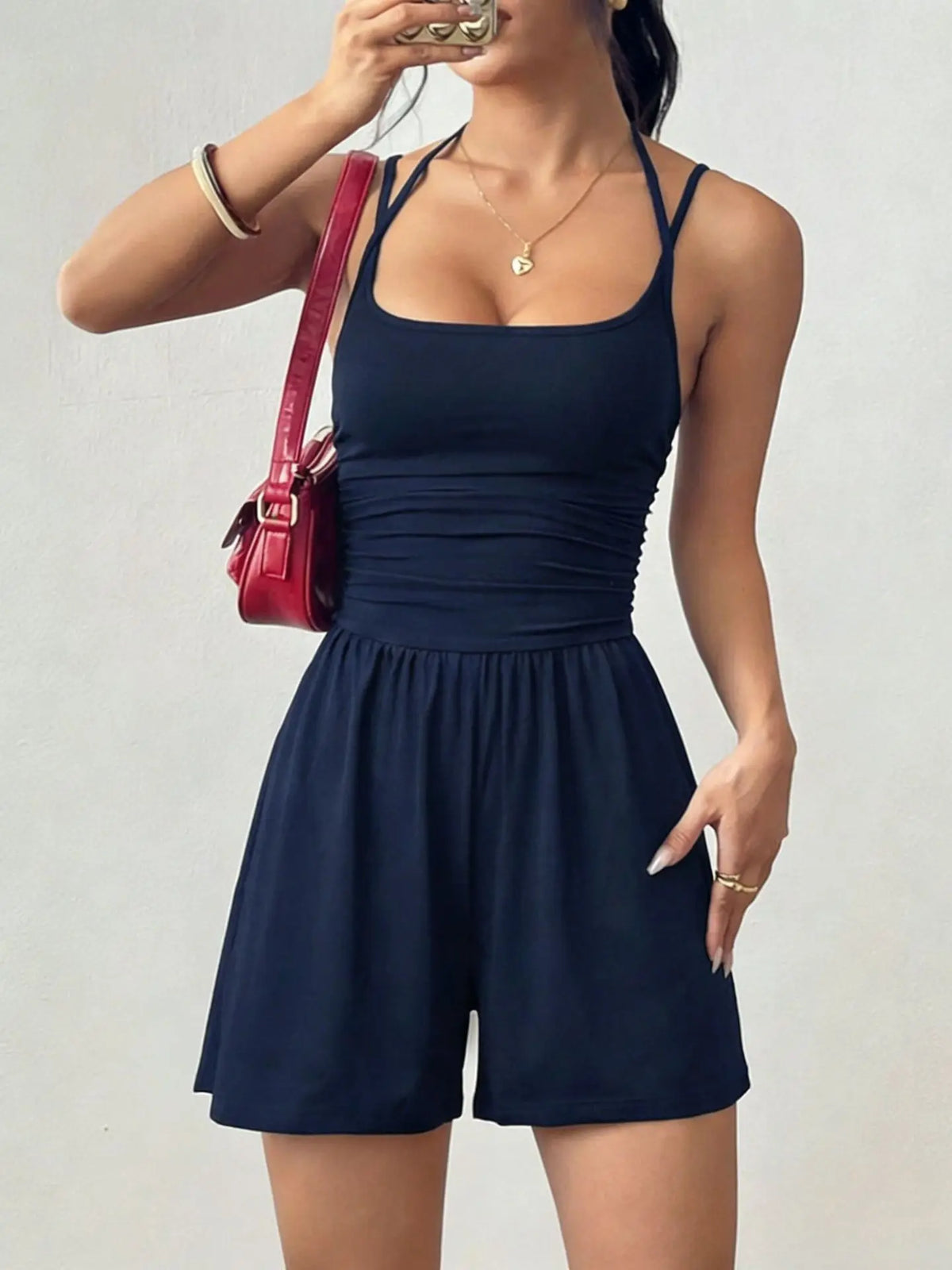 Damen Sommer Schwarz Lässiger Plissierter Lockerer Gerader Jumpsuit Ärmellos Hohe Taille Rückenfreier Overall Einfacher Trägeroverall