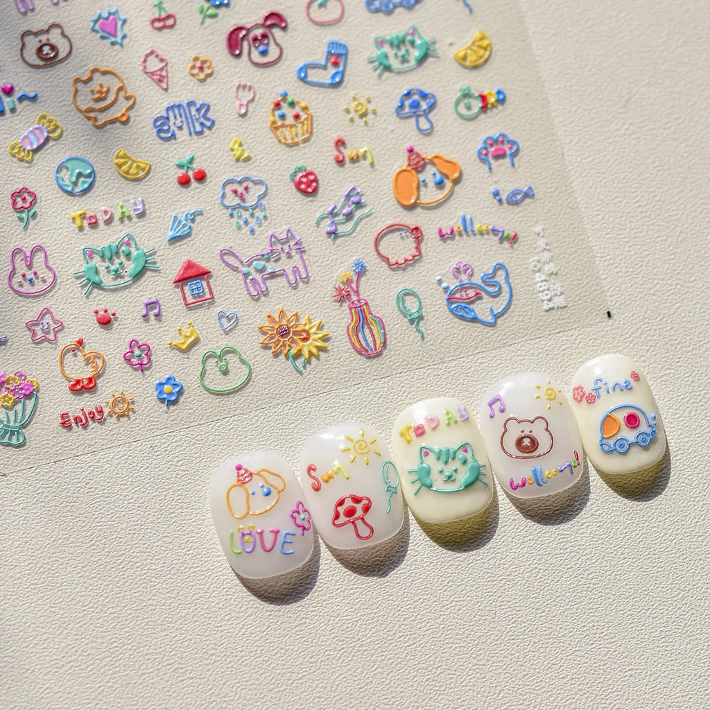 1pc 5D Relief Graffiti Nail art Aufkleber Kaninchen Hund Bär Bogen Nagel Aufkleber Cartoon Thema Selbst-Klebe Aufkleber für DIY Maniküre *