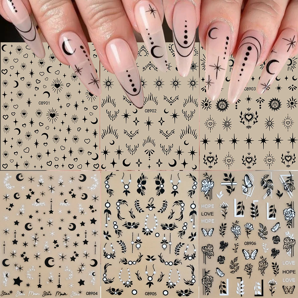 6 Stück 3D Blaue Herz-Nagelaufkleber Bronzierte Gold Silber Stern Mond Sonne Selbstklebende Slider Y2K Nagelkunst Abziehbilder Maniküre Dekoration