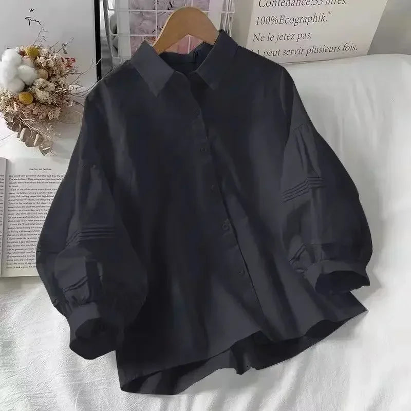 2024 Puff Sleeve Shirts Frauen Weiß Drehen Unten Kragen Preppy Sinn für Design Chic Weibliche Tops Koreanische Mode Einfache Sommer Bluse