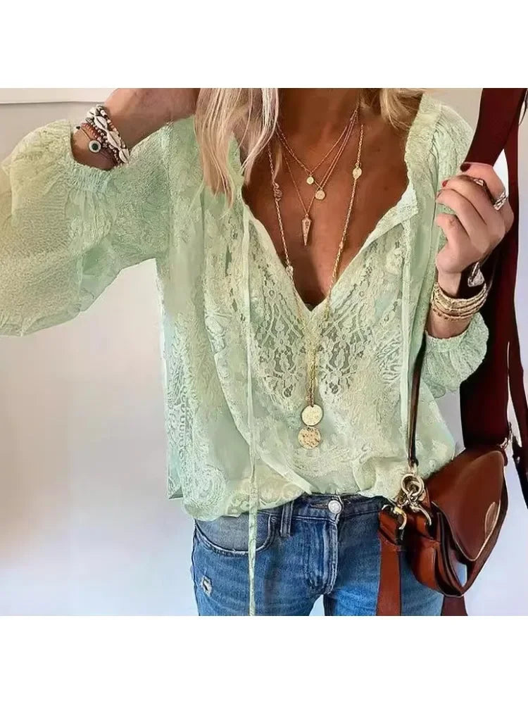 Vintage-Bluse mit Knöpfen und Schnürung, langärmelig, Spitze, elegant, Retro, lässig, Frühling, neue Mode, Tops für Damen, 2025, Blusen-Tops