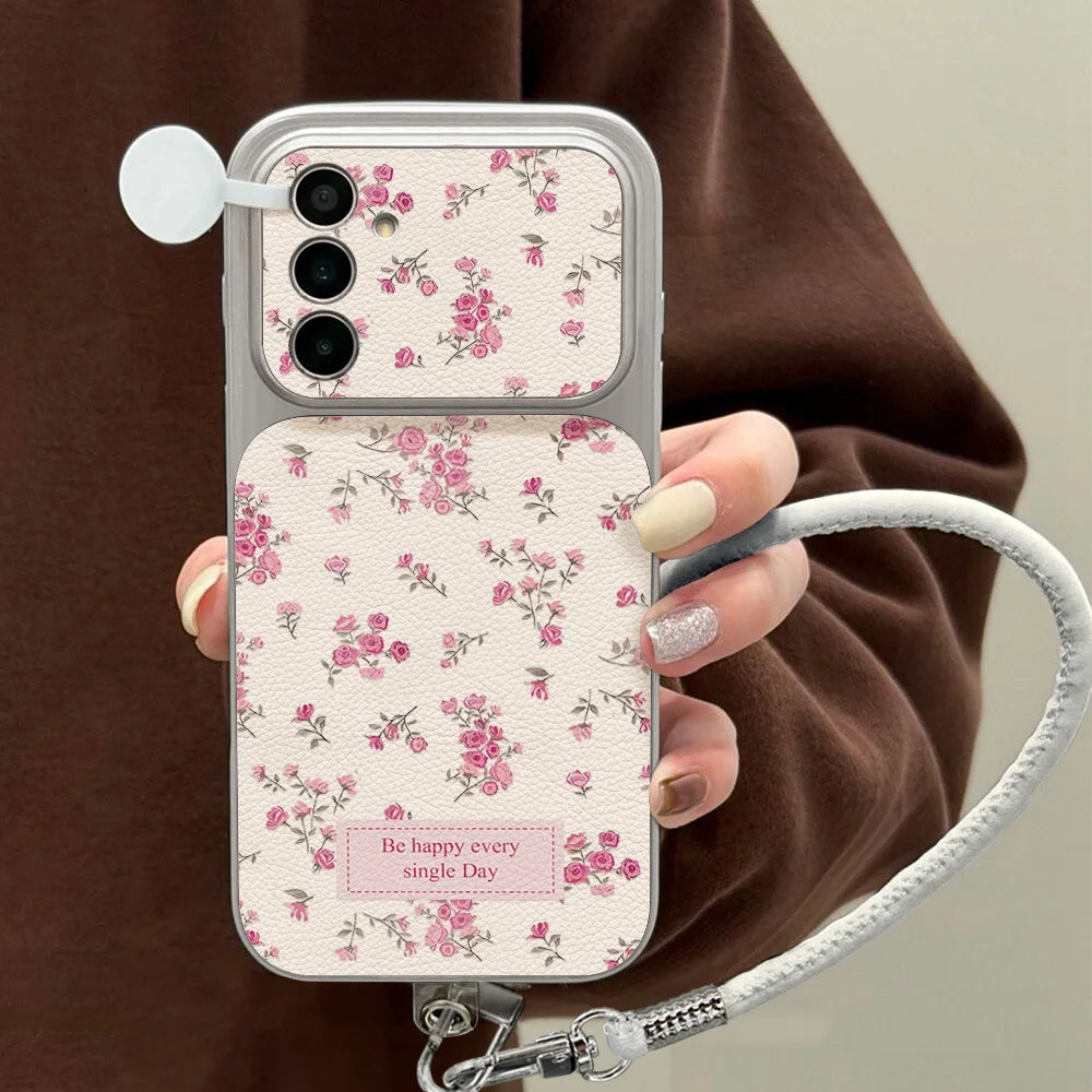 Blumen-Handyhülle für Samsung S26 Ultra S25 S24 FE Plus Leder-Lanyard für Samsung A56 A55 A57 A36 A37 A27 A07 A16 A17 Cover