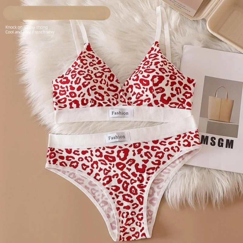 Frauen V-ausschnitt Bh Und Höschen Set Niedrige Taille Höschen Weibliche Sexy Dessous Set Leopard Print Baumwolle Bh Sport Unterwäsche Set