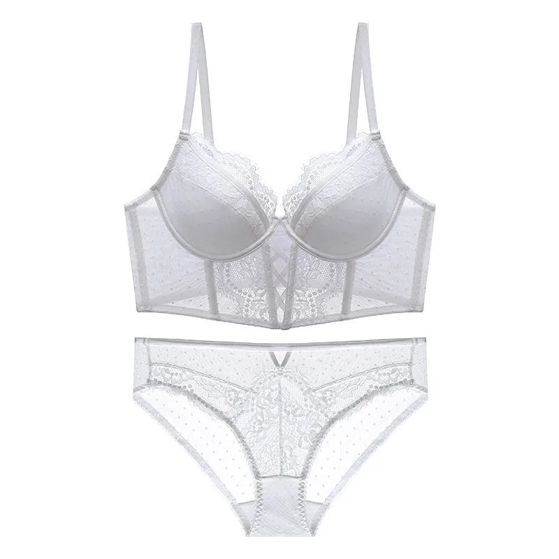 Push-Up Spitzen-Dessous-Set für Damen, Transparentes Negligé mit Weichem Bügel-BH, Fischgräten-Teddy, Sexy Braut-Flitterwochen-Outfit, S-XL
