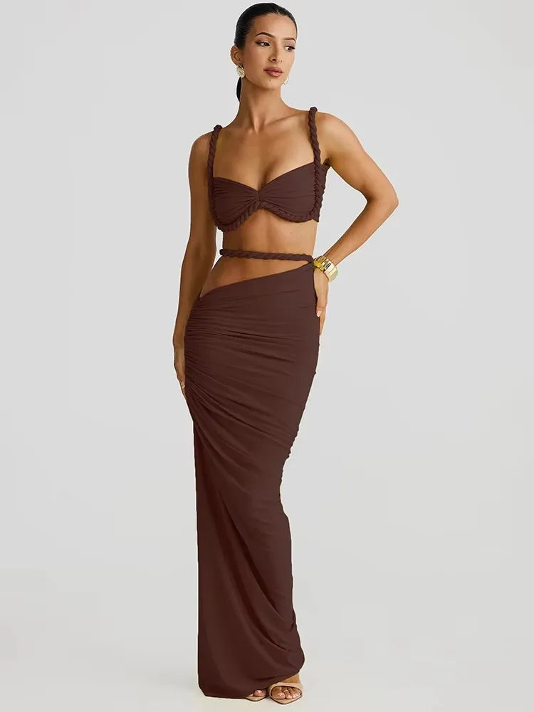 Weird Puss Bandage gerafftes 2-teiliges Set Damen-BH mit quadratischem Kragen + dünne lange Röcke 2025, Sommerurlaub, Strandparty, Trendanzüge