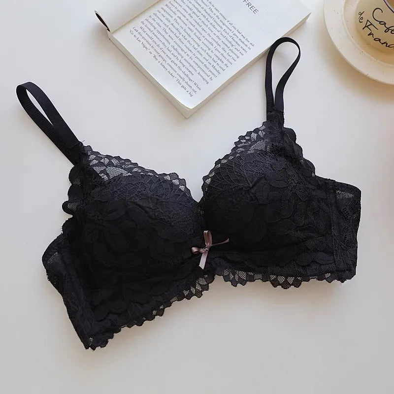 Spitzen-BH-Set im japanischen Stil für Damen, kleine Büste, Push-Up-Lift, verstellbar, Anti-Durchhängen, seitliche Unterstützung, kein Lücke, kabellos, luxuriöser Komfort AB