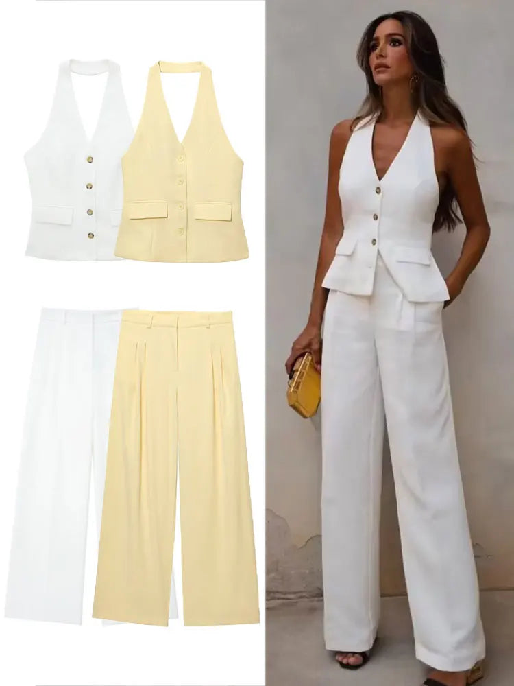 HH Hose-Sets für Damen, modisch, gelb, rückenfrei, Knopfhalter, bauchfreie Weste, Oberteil, gerade Hose, eleganter Büro-Damenanzug