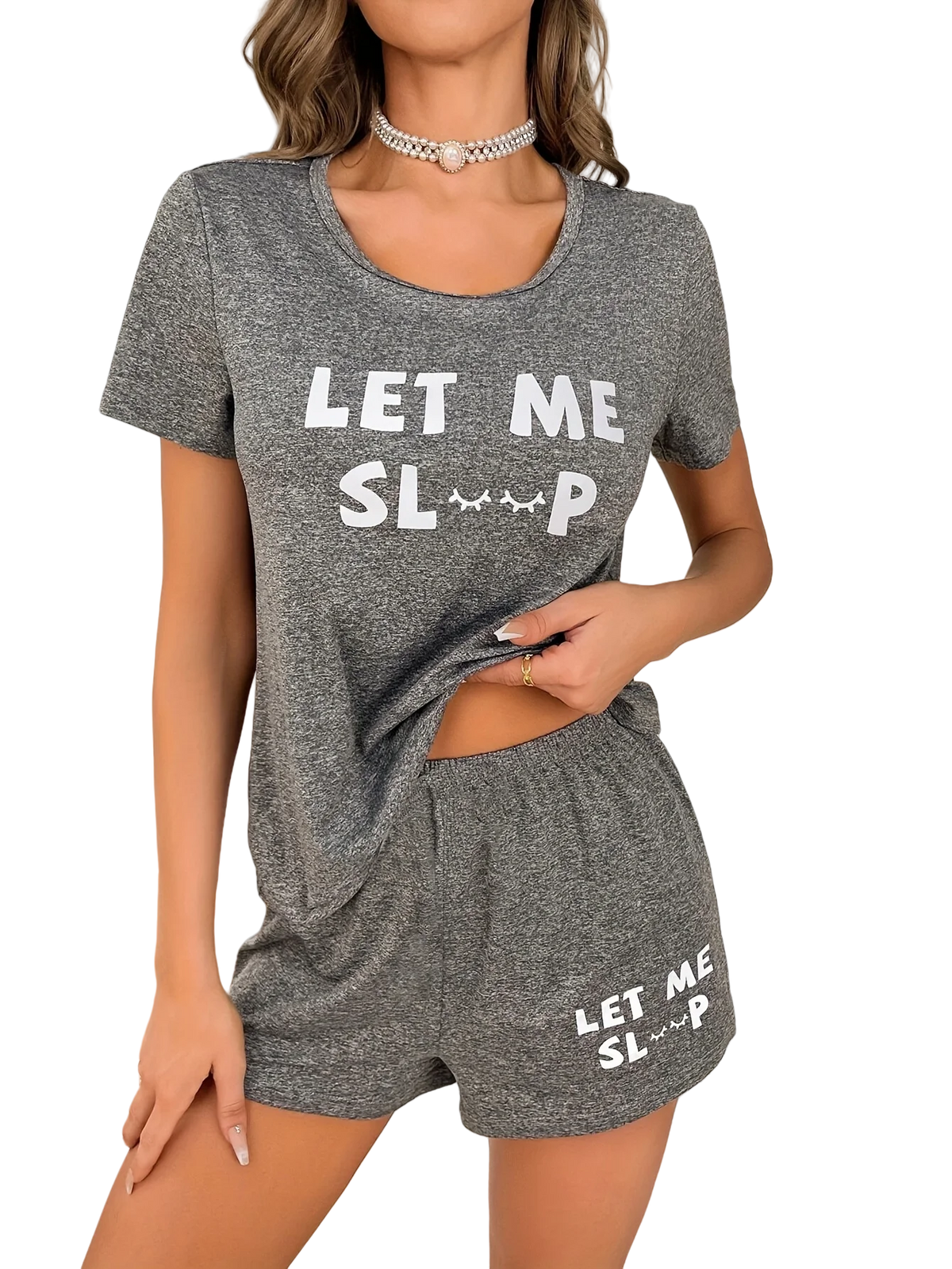 Damen-Pyjama-Set, graues Kurzarm-Oberteil und Shorts mit weißem Buchstabenaufdruck „LET ME SLEEP“, süße lässige Loungewear-Nachtwäsche