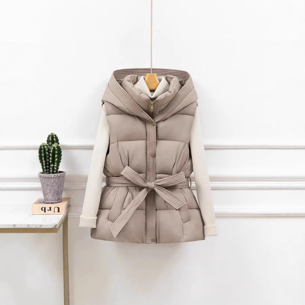 Gesteppte Pufferweste für Damen, verdickt, warm, Winter-Kapuzenmantel, einfarbig, ärmellos, gepolstert, Oberbekleidung, abgeschnittener Mantel mit Knopf und Reißverschluss