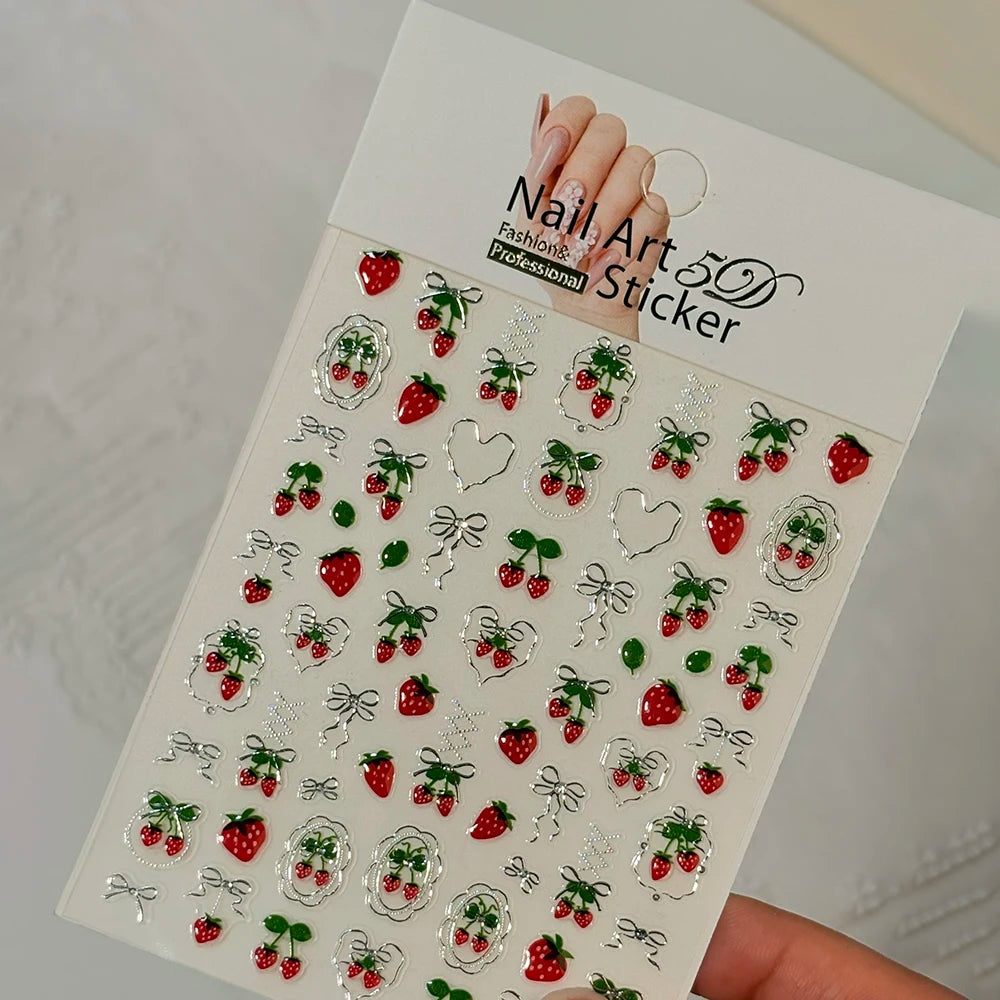 5D Süße Schleife Erdbeer-Nagelkunst-Aufkleber Metall Silber Gold Linie Schleife Erdbeeren Nagel-Abziehbilder Frühling Sommer Nageldekoration
