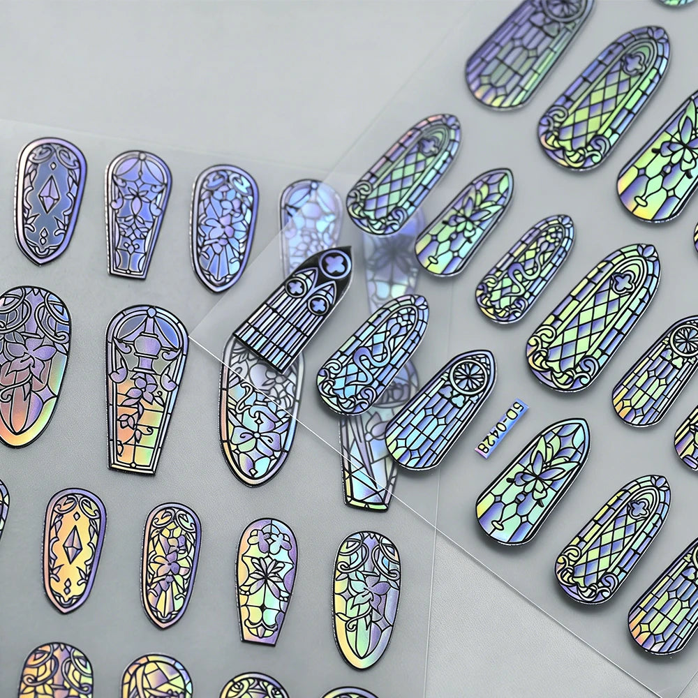 1/3 Stück 5D Aurora Buntglas-Nagelaufkleber Buntes Fenster-Rokoko-Blumenmuster Nagelkunst-Aufkleber DIY Maniküre Gotische Dekoration