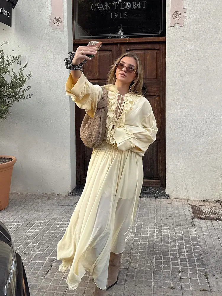 HH Frauen Rüschen Spitze-up Bluse Rock Set Langarm V-ausschnitt Hemd Plissee Midi Rock Mode Dame High Street gelb Outfit