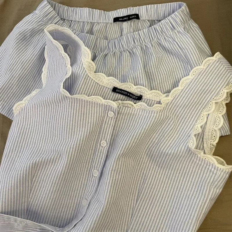 Gestreifte Frauen Pyjamas Sommer Nachtwäsche Ärmellose Shorts Sets 2 Stück Spitze Nacht Trägt Tank Koreanische Schlafen Hause Anzug 2025 Neue