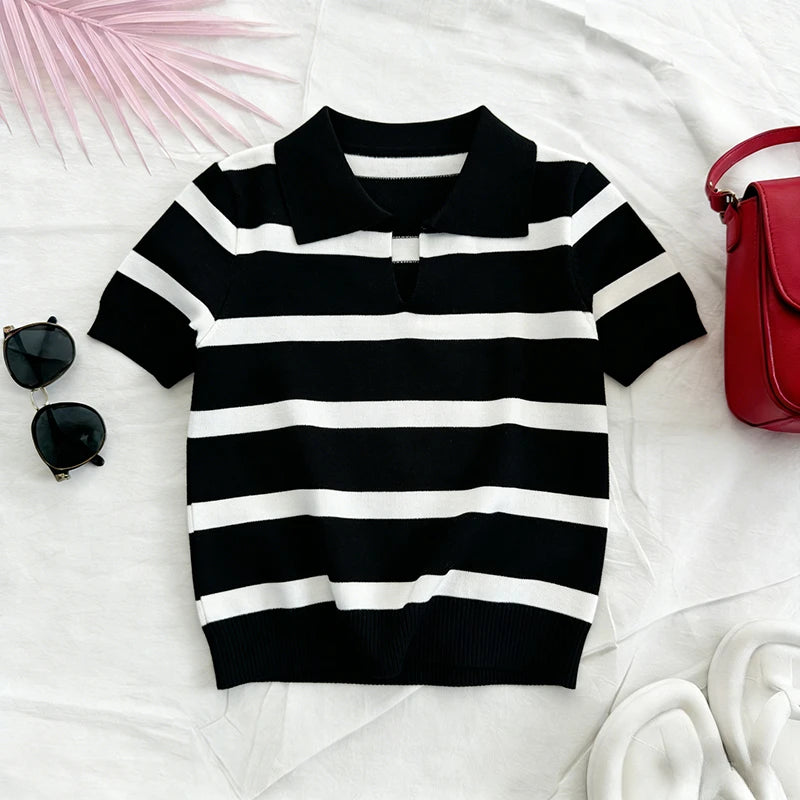 Rot-Weiß Gestreiftes Sommer-Strick-Poloshirt für Damen, Kurzarm-Hemd mit Kragen, Leichtes Elastisches Casual Tägliches Strick-Oberteil