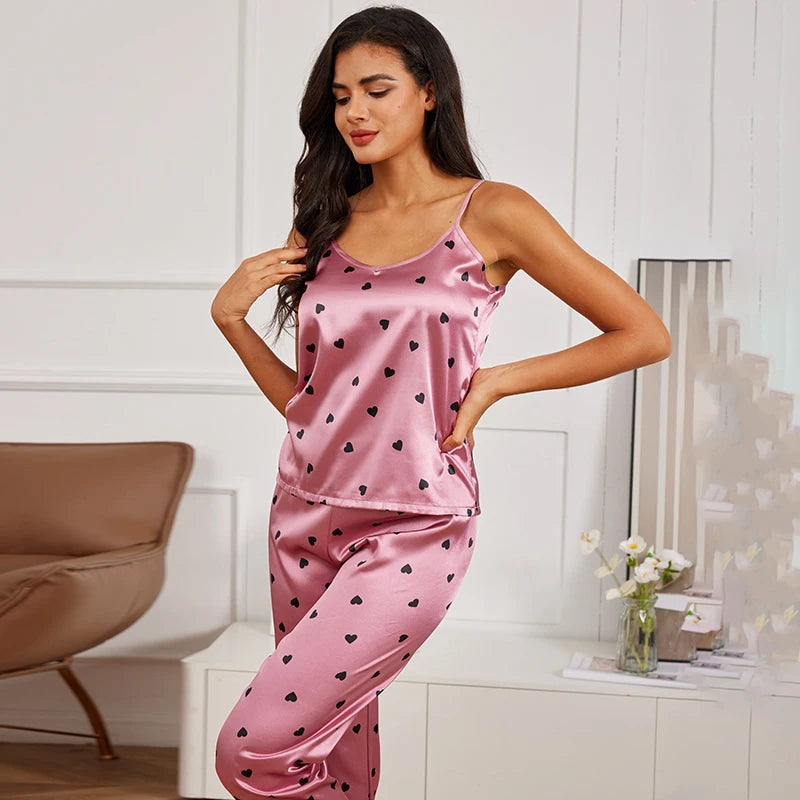 Frauen Satin Seide Pyjamas setzt Brief druck Cami Weste Shirt mit Hose Nachtwäsche Dame sexy Pyjama Dessous Pyjamas Nachtwäsche