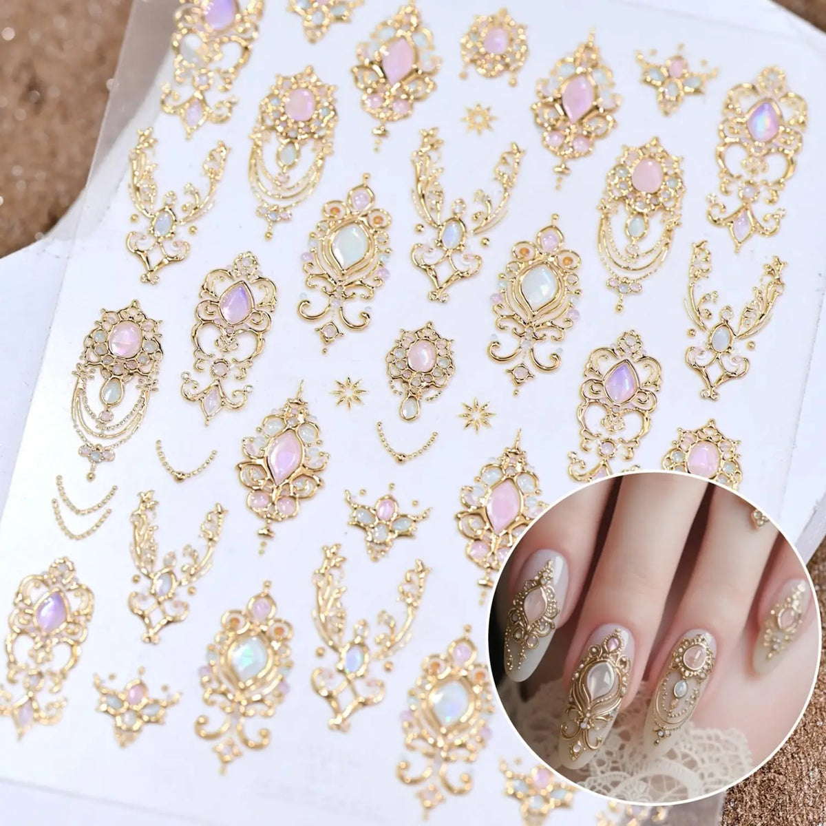5D Luxus Gold Zepter Nail Art Aufkleber Wunderschöner Edelstein Elegantes höfischer Muster Deca Halskette Rahmen Selbstklebender Nagelaufkleber