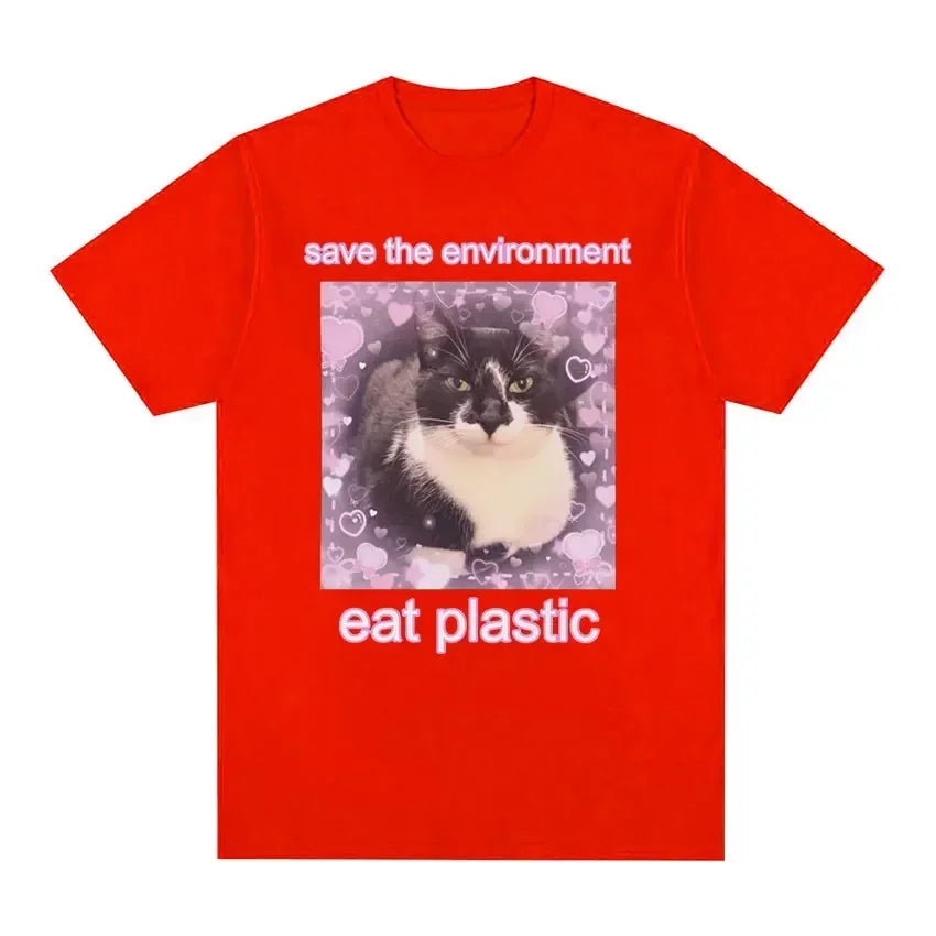 T-shirt Lustige Frauen Oansatz Kleidung T-shirts T-shirt Die Umwelt Essen Kunststoff Nette Katze Grafik Sommer Kurzarm Harajuku