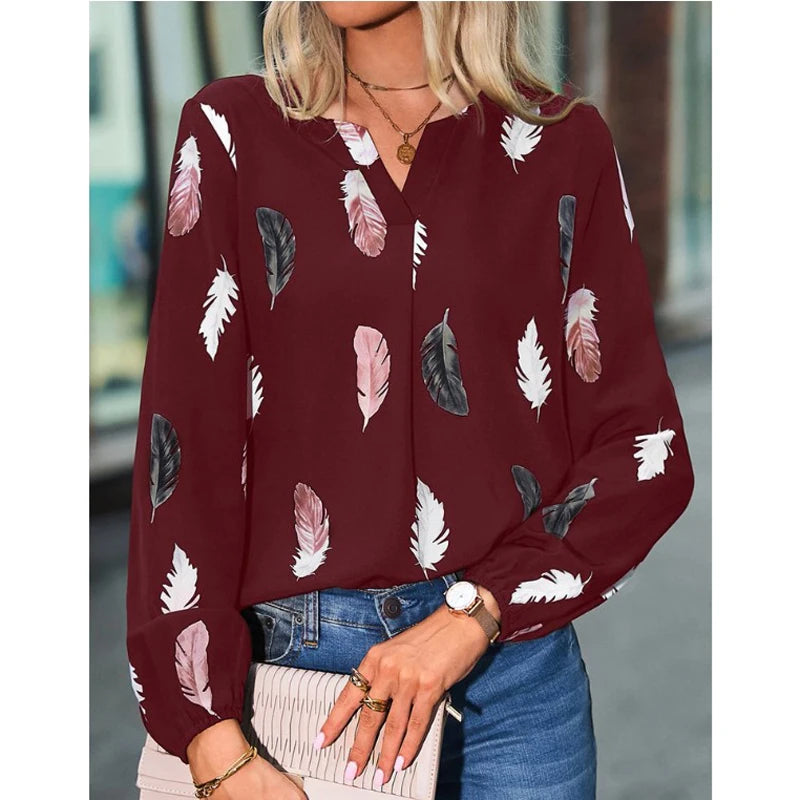 Mode Frau Bluse Shirts Für Frauen Stilvolle Top langarm Feder Muster Weibliche Tops Elegante Chiffon Mujer Frau Kleidung