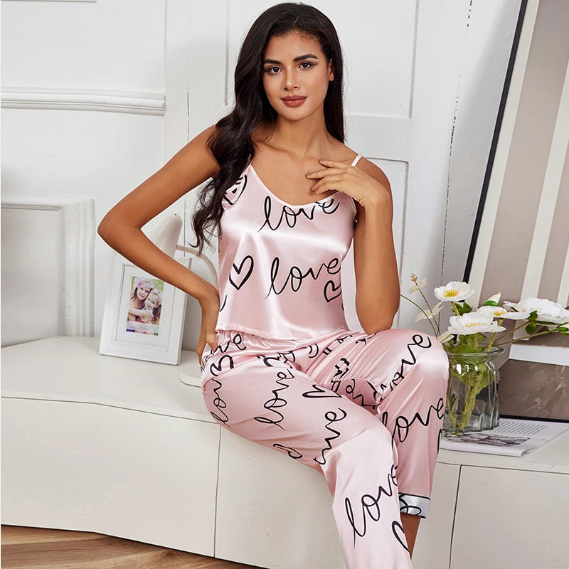 Frauen Satin Seide Pyjamas setzt Brief druck Cami Weste Shirt mit Hose Nachtwäsche Dame sexy Pyjama Dessous Pyjamas Nachtwäsche