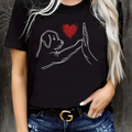 T-Shirt mit Herz- und Hundegrafikdruck, kurzärmelig, Rundhalsausschnitt, lässiges Oberteil für Damenmode im Sommer und Frühling