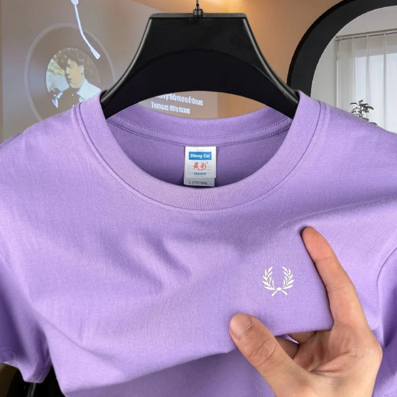 100% reine Baumwolle, hochwertiges Marken-Herren-T-Shirt mit Rundhalsausschnitt und kurzen Ärmeln, Sommermode, luxuriöses Weizen-Stickerei-Design, lässiges T-Shirt