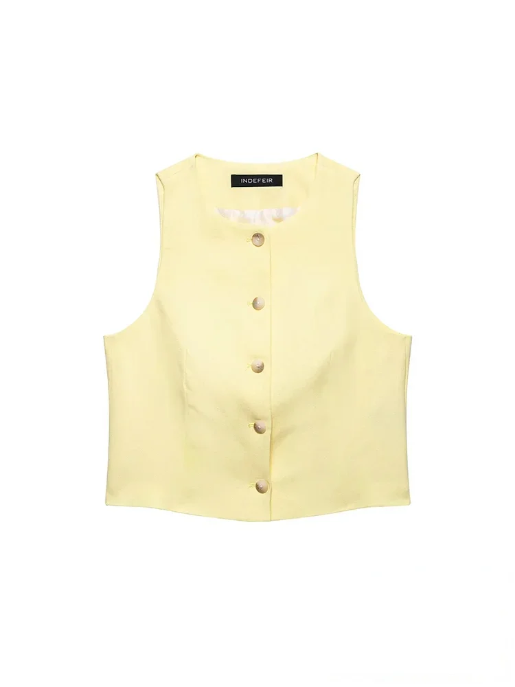 KONDALA Casual Chic Butter Gelb Frauen Anzug Solide Oansatz Taste Ärmelloses Top Zipper Gerade Shorts Mode 2025, Sommer Sets
