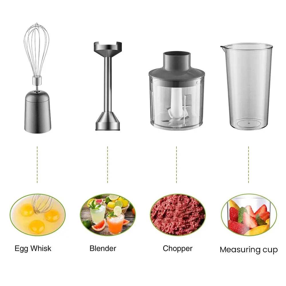 Handstabmixer Leistungsstarker 4-in-1-Stabmixer aus Edelstahl, 700ml Mixbecher, 500ml Prozessor, Schneebesen