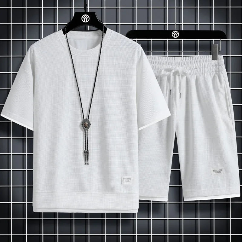 2023 sommer männer Sport Set Casual T-Shirt + Shorts Set Waffel Einfarbig Kurzhülse Shorts Zwei Sets trainingsanzug Lose Anzüge