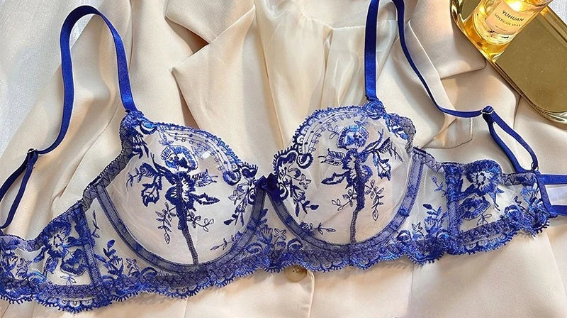 Spitzen-Stickerei-BH-Set mit ultradünnen Cups, transparente Mesh-Nachtwäsche für Frauen mit großer Oberweite, S-XL, Push-up, 32-38