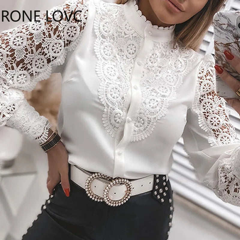 Weiße elegante Spitze aushöhlen Frauen Bluse Frühling Langarm hemden y2k Knöpfe Mesh Top Herbst Vintage Damen bekleidung