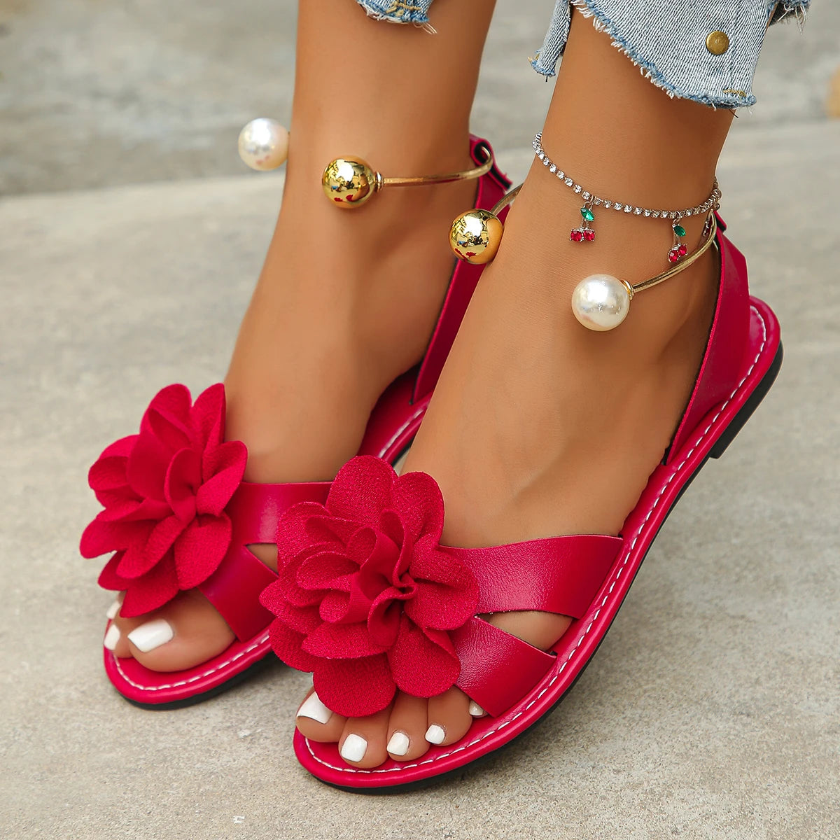 Flache Sandalen mit Blumenperlen-Dekor, Damen-Strandschuhe mit offenem Zehenbereich und Knöchelriemen