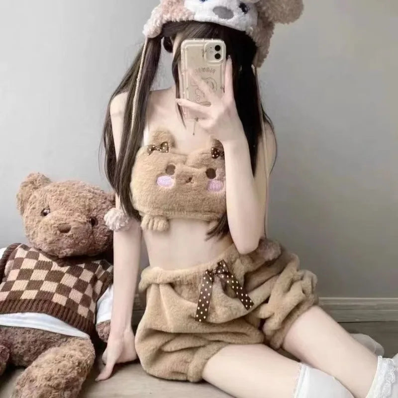 Plüsch Bär Winter Warm Bh Set Japanische Mädchen Weiche Süße und Niedliche Cartoon Kürbis Hosen Studenten Plüsch Sexy Bhs Drahtlose Dünne