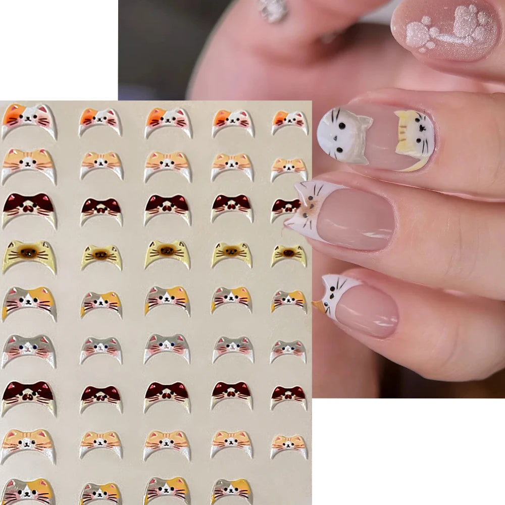 5D Niedliche Cartoon-Katzen-Nagelkunst-Sticker Orange Schwarz Süßes Katzengesicht- und Ohren-Design Kätzchen-Nagelaufkleber Kawaii Katzen-Nagelkunst für Maniküre