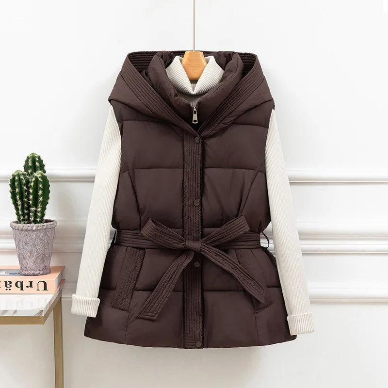 Gesteppte Pufferweste für Damen, verdickt, warm, Winter-Kapuzenmantel, einfarbig, ärmellos, gepolstert, Oberbekleidung, abgeschnittener Mantel mit Knopf und Reißverschluss