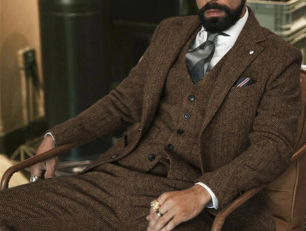 Grauer Woll-Tweed-Winteranzug für Herren, Fischgrätenmuster, schmale Passform, formeller Bräutigam-Smoking, 3-teilige Hochzeitsanzüge für Herren (Jacke + Weste + Hose)