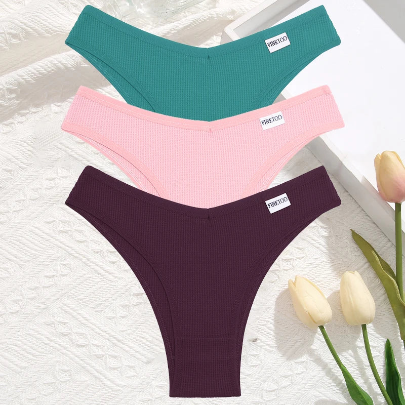 3 Teile/satz Frauen Sexy Waffel Plaid Baumwolle Brasilianische Höschen Niedrige Taille V Form Bikini Unterwäsche Weiche Atmungsaktive Weibliche Dessous