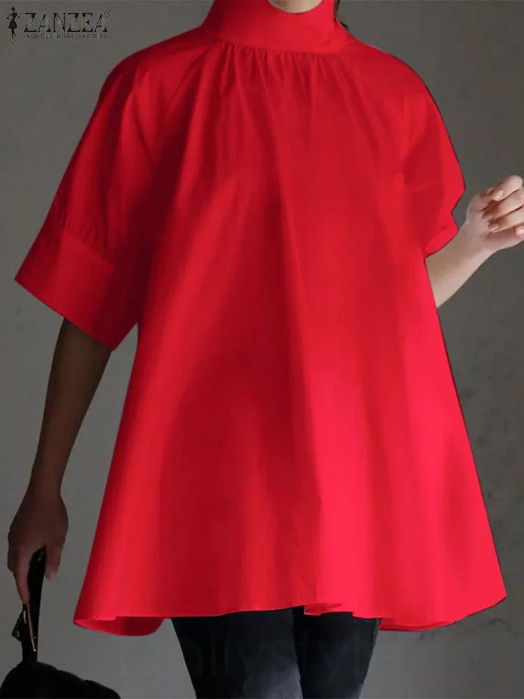 Mode solide plissierte Bluse Zanzea Overs ize Shirt Frauen elegante High Neck Halbarm Bluse Sommer Tops Arbeit Urlaub Blusas