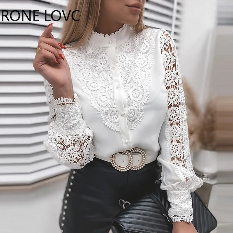 Weiße elegante Spitze aushöhlen Frauen Bluse Frühling Langarm hemden y2k Knöpfe Mesh Top Herbst Vintage Damen bekleidung